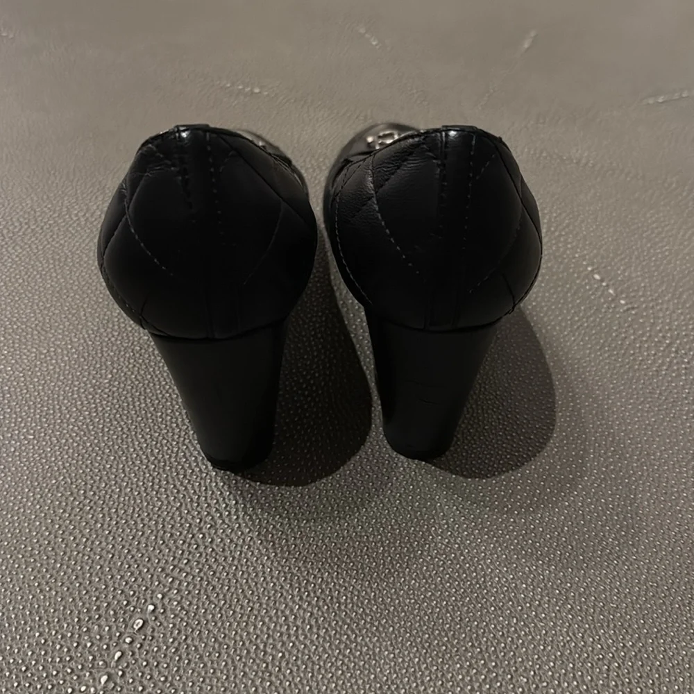 CHANEL Black Leather Flats with Silver Logo - Picture 3 of 6